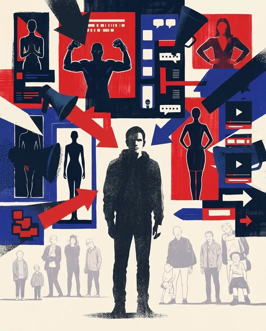 Editorial illustration of a solitary man surrounded by manipulative media channels