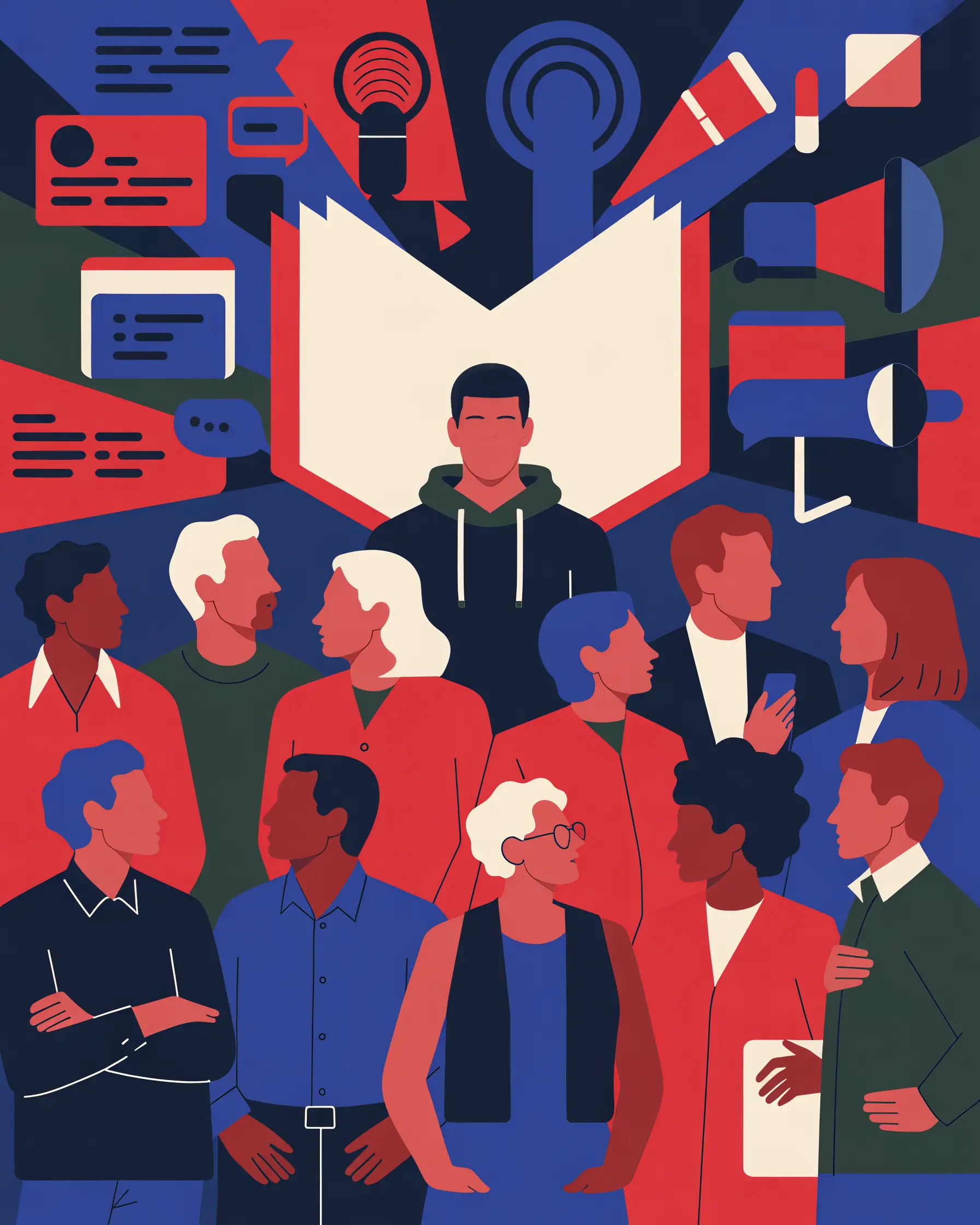 Editorial illustration of men, families, partners, and community figures gathered around conversation and understanding