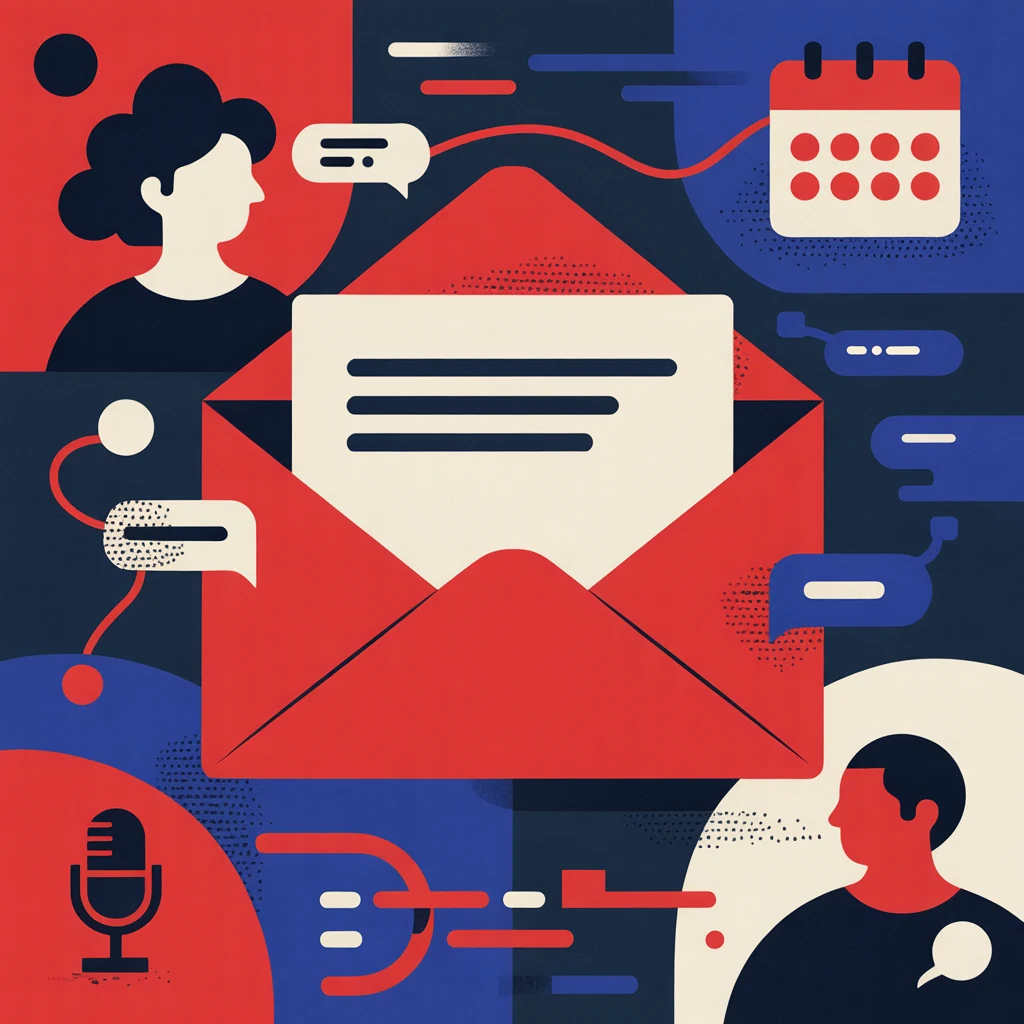 Editorial illustration representing direct email, contact, and speaking inquiries