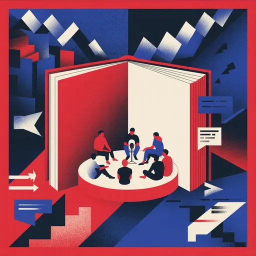 Editorial illustration of people gathering around a book, speaking, and public conversation